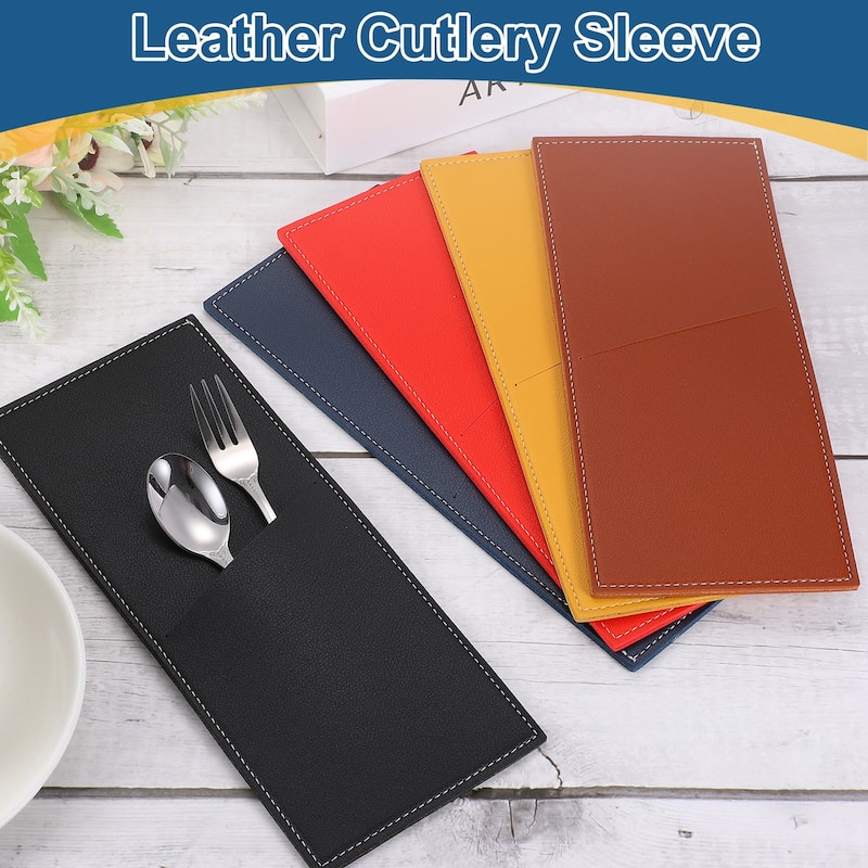 Leather Cutlery Sleeve Knife Bag Pouch for Dining Table, Brown - 8.7 x 3.5 inch