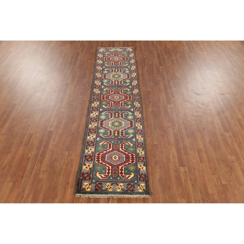 Green Geometric Kazak Runner Rug Hand-Knotted Wool Carpet - 2'5"x 9'8"