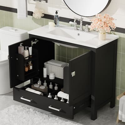 36"Bathroom Vanity with Ceramic Sink, Soft-Close Doors, Double Storage Shelves & Divided Drawer -Cabinet with Ample Storage