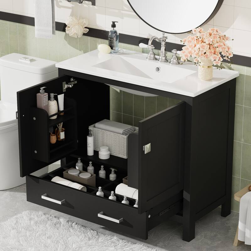 Bathroom Vanity with Ceramic Sink, Storage Cabinet with Soft-Close Doors and Drawer, Bathroom Vanities with Storage Shelves - Black
