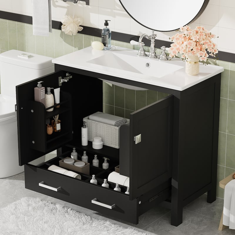 GDFStudio - Aurora Wood & Ceramic Bathroom Vanity Set with Sink and Divided Drawers