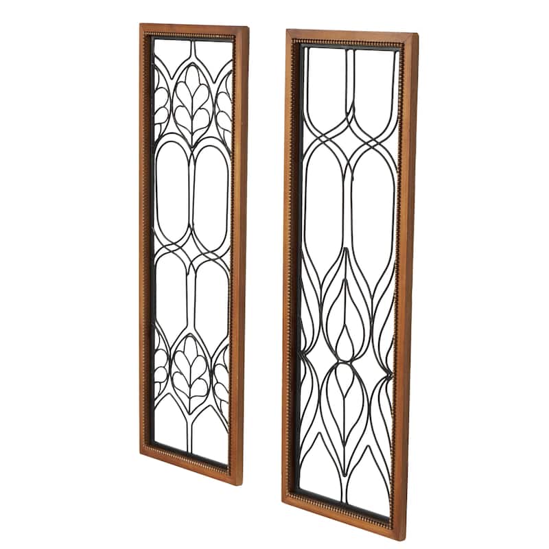 Metal Geometric Wire Cutout Home Wall Decor with Beaded Accents and Brown Wood Frames - Set of 2 Black - Roche River Decor