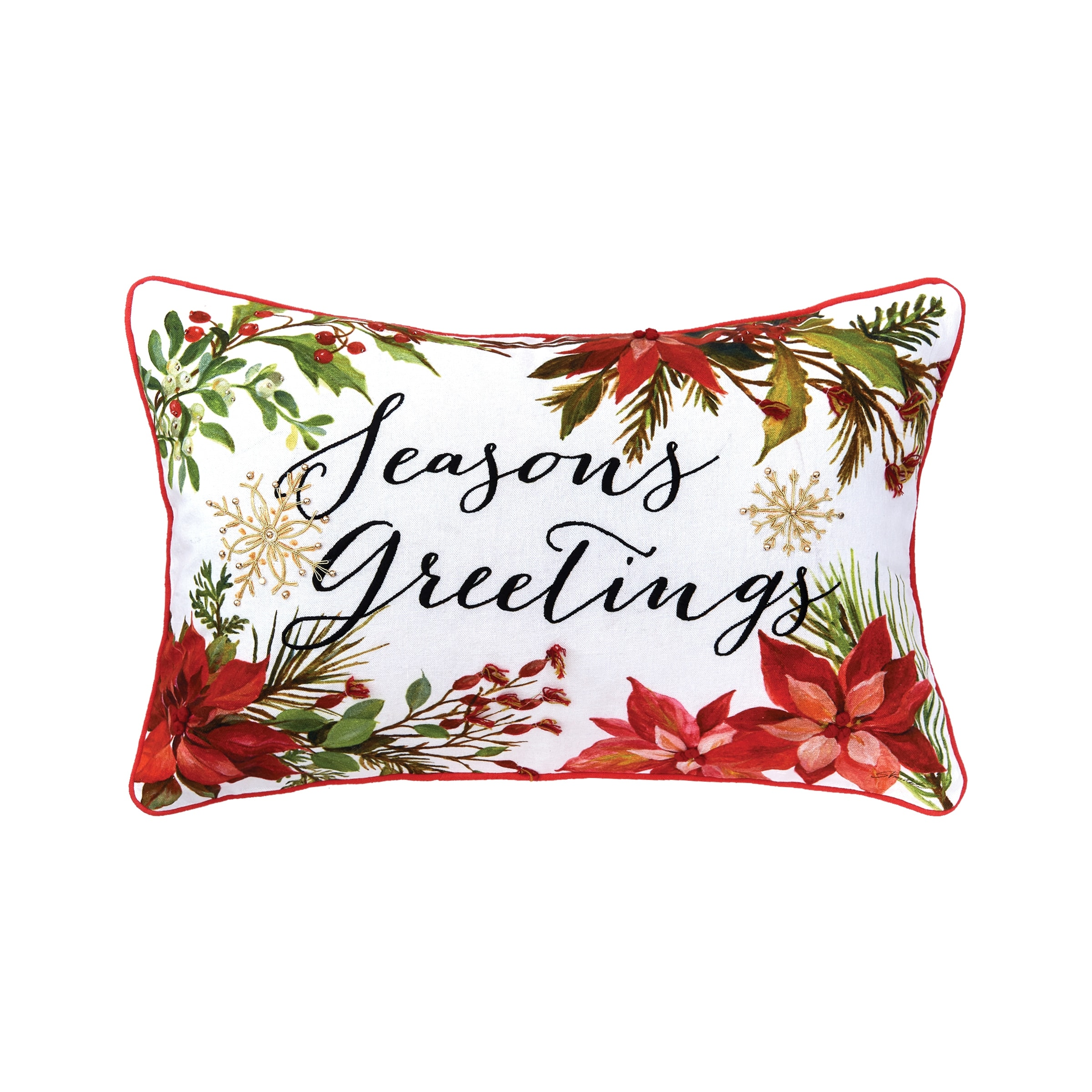 Seasons Greetings Poinsettia Printed and Embroidered Throw Pillow