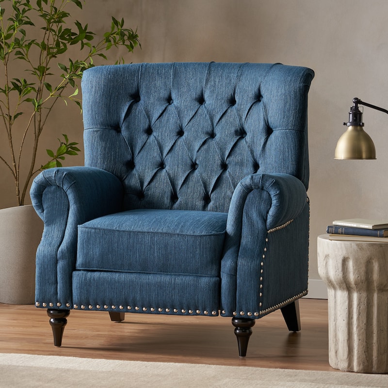 Classic Curled Arm Single Sofa Chair, Tufted Wide Back Recliner with Retractable Footrest Accent Chair with Rivet Trim&Wood Legs