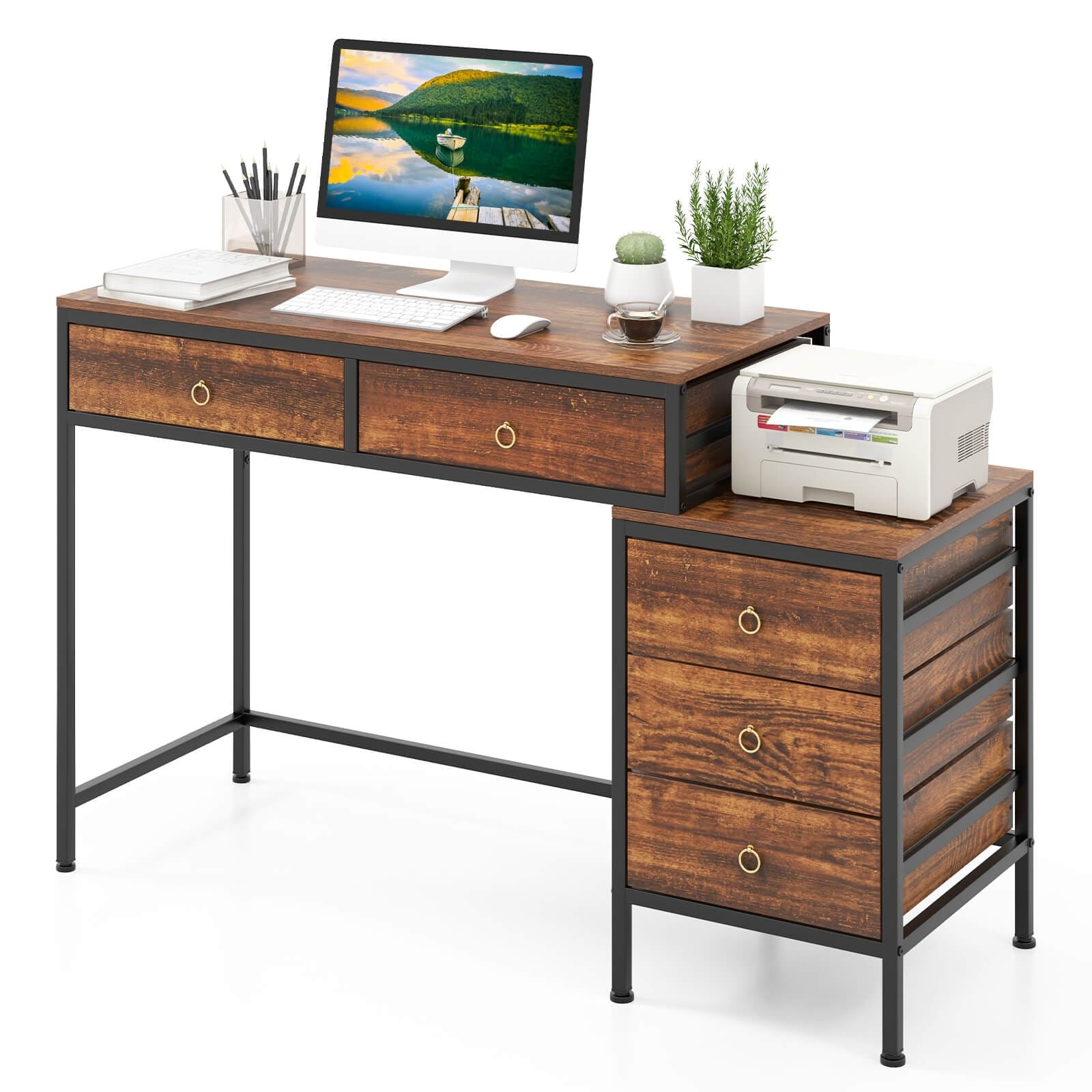 Costway Computer Desk with 5 Drawers, Side File Cabinet, Heavy-duty