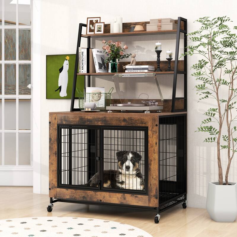 Gymax Dog Crate Furniture w/ Storage Shelves Industrial Dog Kennel w/