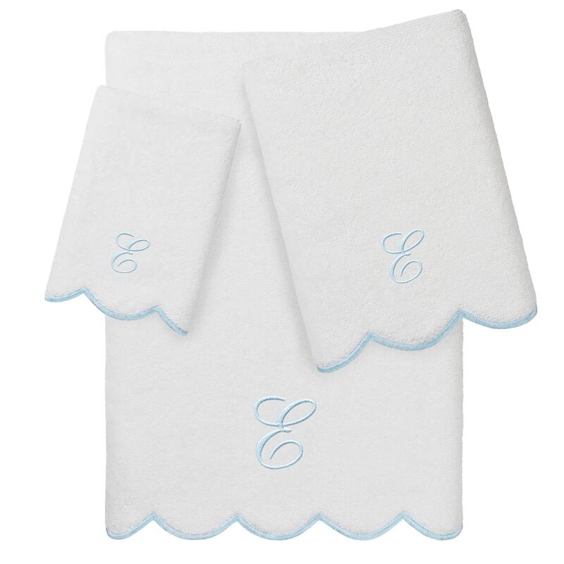 Authentic Hotel and Spa 100% Turkish Cotton Blue ADORNIA Scallop Personalized 3 Piece Towel Set - 3 Piece Set - E