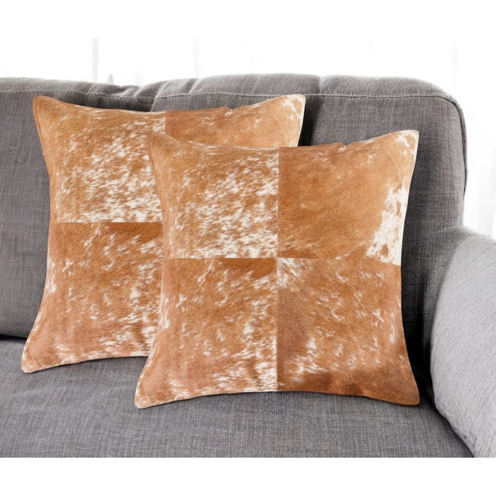Set of Two 18" Brown and White Cowhide Cowhide Throw Pillows