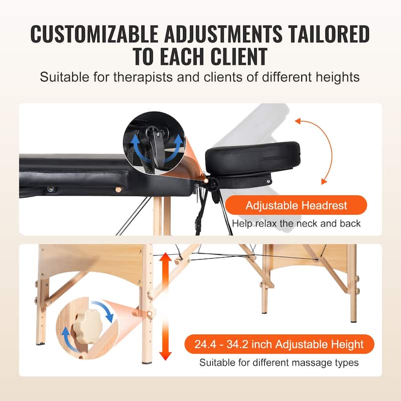 Portable Massage Table, 2 Folding Lightweight Massage Table, 8-Level Height Adjustable Salon Tattoo Bed, Spa Table with Headrest