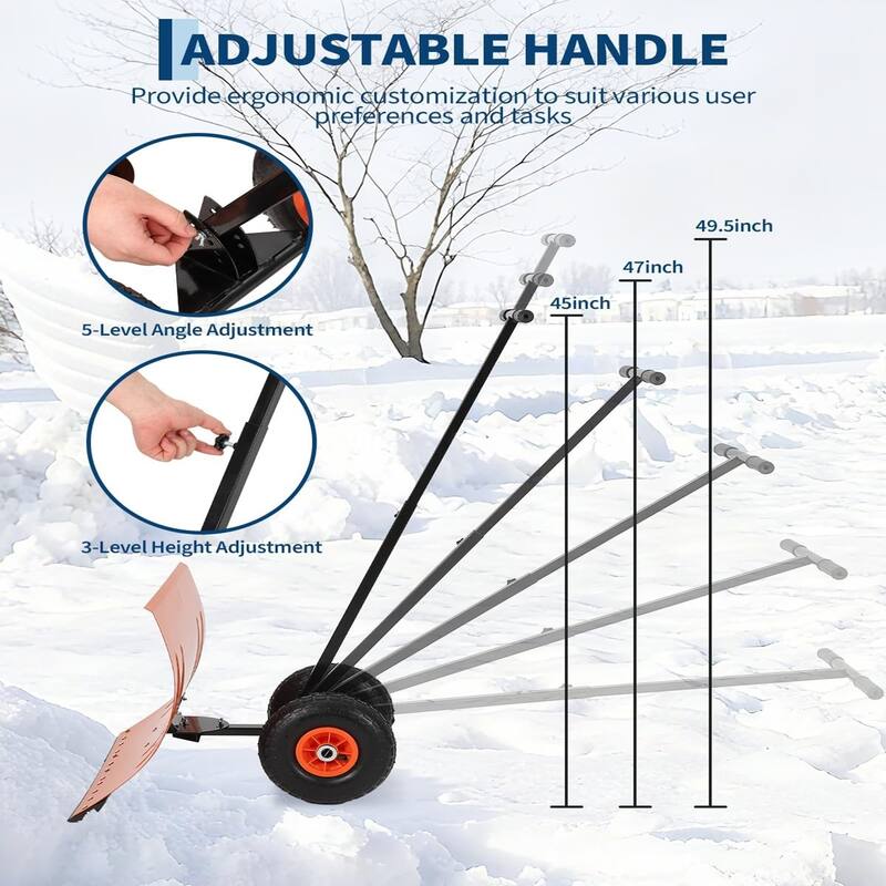20Inch Wide Snow Shovel with Wheels Adjustable Snow Pusher with 5-Position Angle and Height Handle