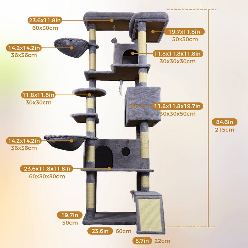 84.6 in Dark Gray Cat Tree Tower with Wide Base, 3 Large Hinding Condo, 11 Sisal Scratching Post, Sisal Scratching Ladder