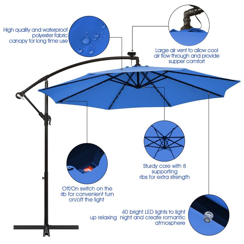 Costway 10 Ft Patio Solar LED Offset Umbrella 40 Lights Crank Cross