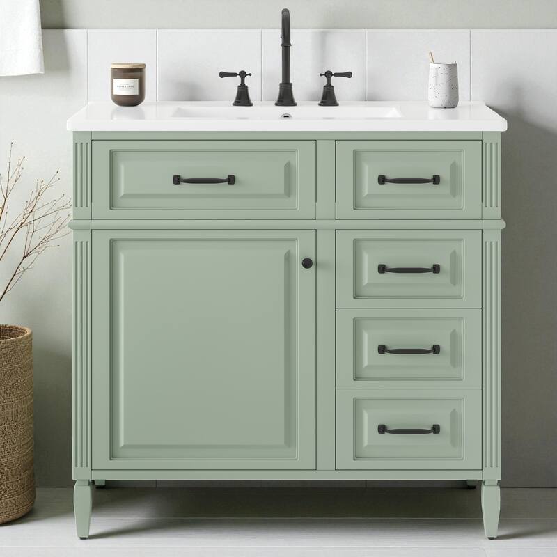 36-Inch Bathroom Vanity with Ceramic Sink, Solid Wood Frame, Flip Drawer and Adjustable Shelf - Green