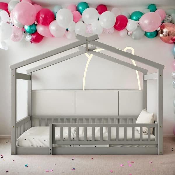 slide 2 of 9, Kids and Baby Full Size Wood Bed House Bed Frame With Fence Grey
