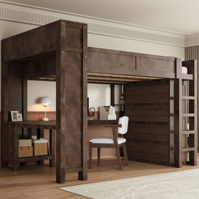 Modern Wooden Queen Size Loft Bed Frame with Wardrobe and Desk, Storage Headboard Built-in USB Charging Port