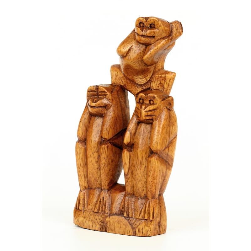 Wooden Hand Carved 3 Standing Monkeys See, Hear, Speak No Evil Figurines Handmade Art Statue Rustic Sculpture Handcrafted