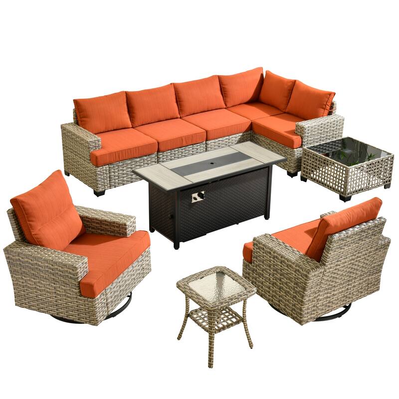 OVIOS 10 Pieces T shaped Seat Wide Armrest Swivel Chair Set With Solar-Powered Table&Fire Pit