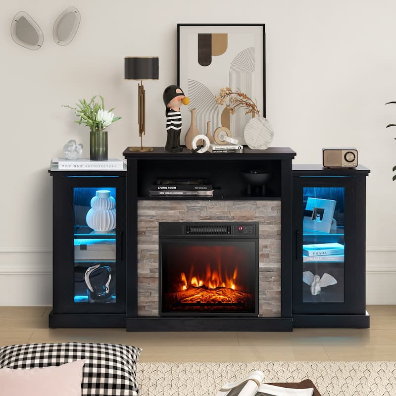 Electric Fireplace TV Stand with 16-Color LED Lights and Adjustable Glass Shelves for Living Room - 59" x 10" x 32.5"