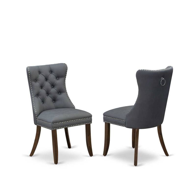 Parson Dining Chairs Set of 2 - Gray Faux Leather Padded Chairs with Nailhead Trim - Antique Walnut Legs
