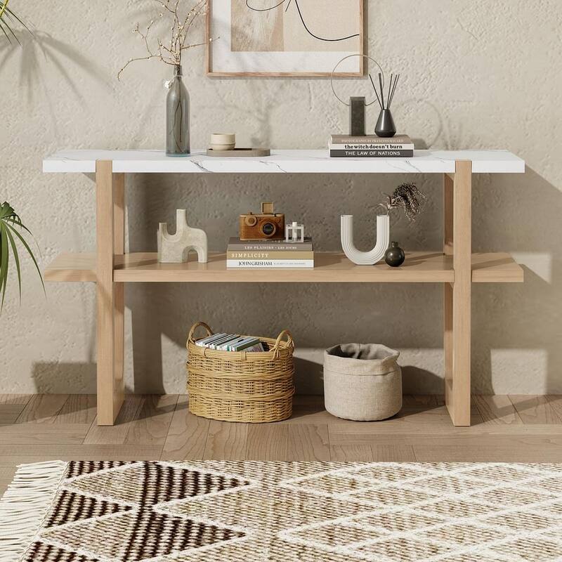 Console Table with Marble-Effect Top - Versatile Storage Solutions