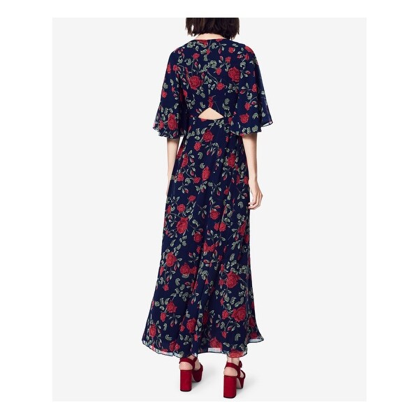 navy floral cut in neck wrap dress