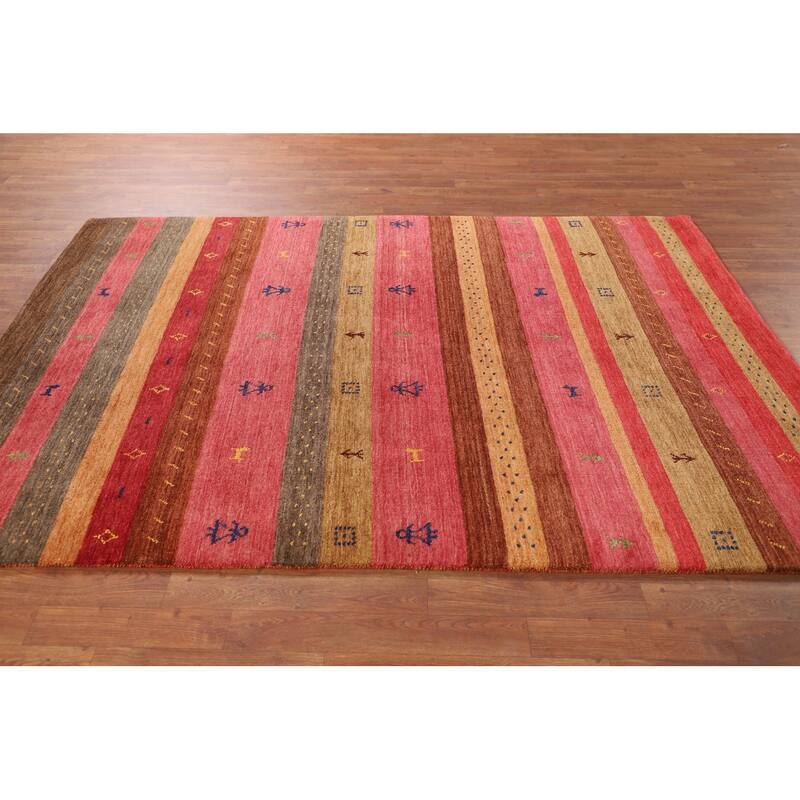 Little Animals Striped Gabbeh Indian Area Rug Hand-Knotted Wool Carpet - 5'3"x 7'10"