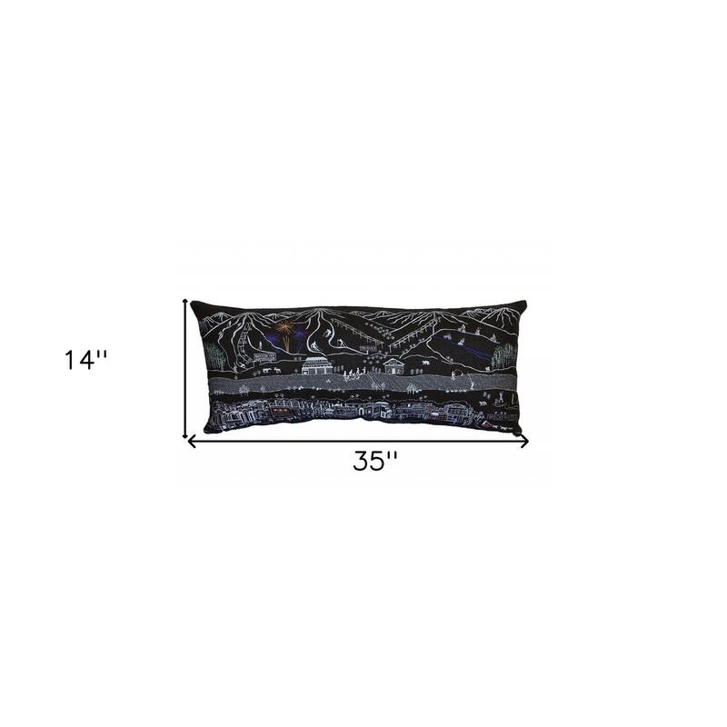 HomeRoots 14" X 35" Dark Gray And White Breckenridge Nighttime Skyline Lumbar Decorative Pillow