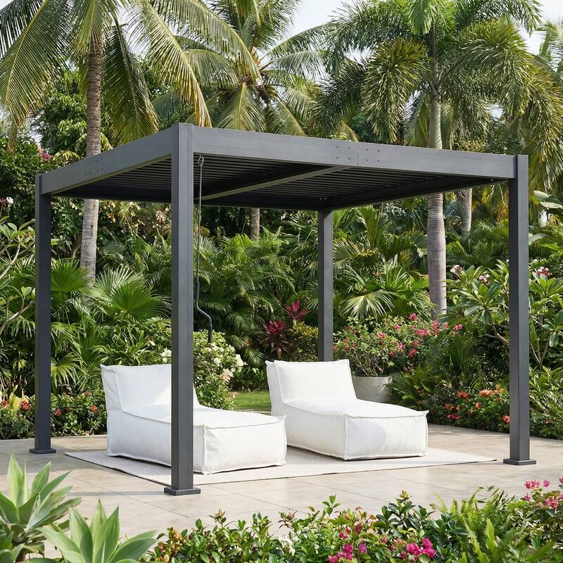 Scott Living Modern Outdoor Aluminum Pergola with Adjustable Louver Roof in Black - Black
