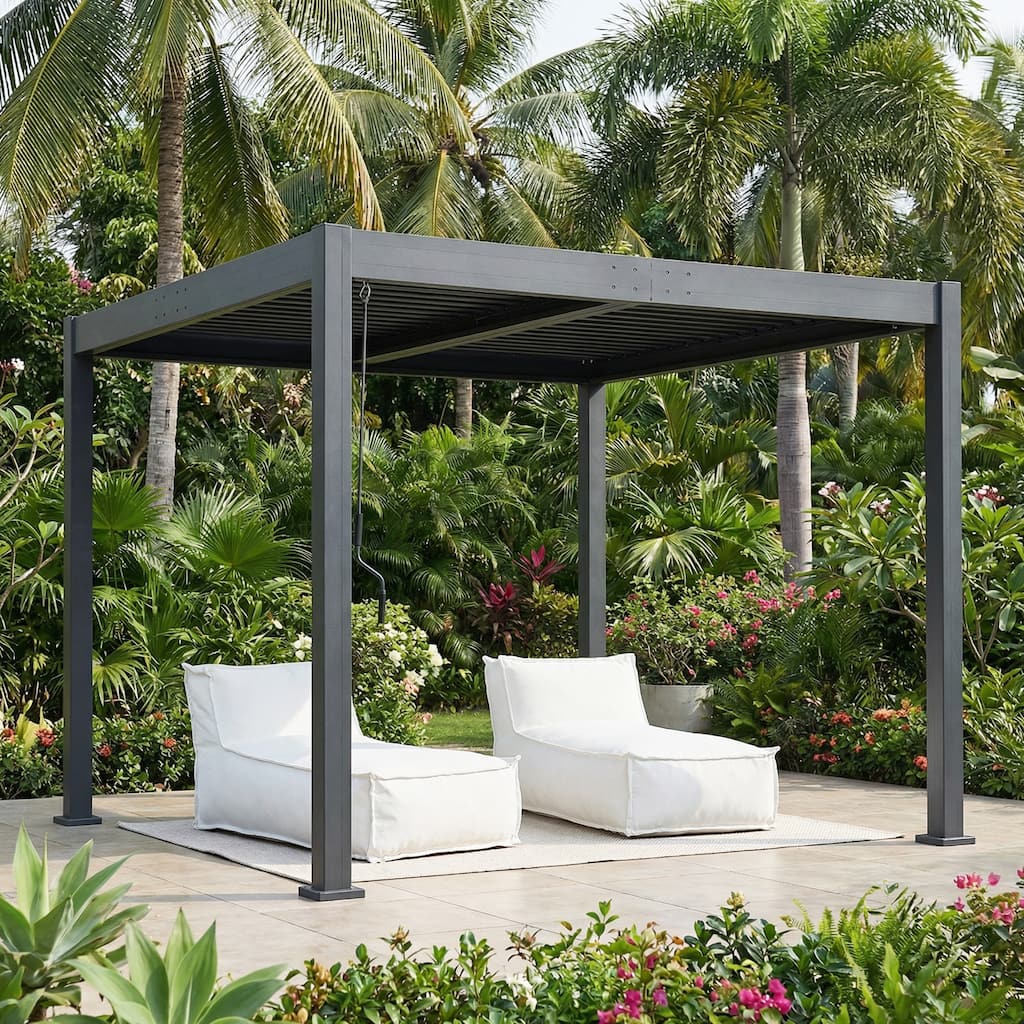 Scott Living Modern Outdoor Aluminum Pergola with Adjustable Louver Roof in Black
