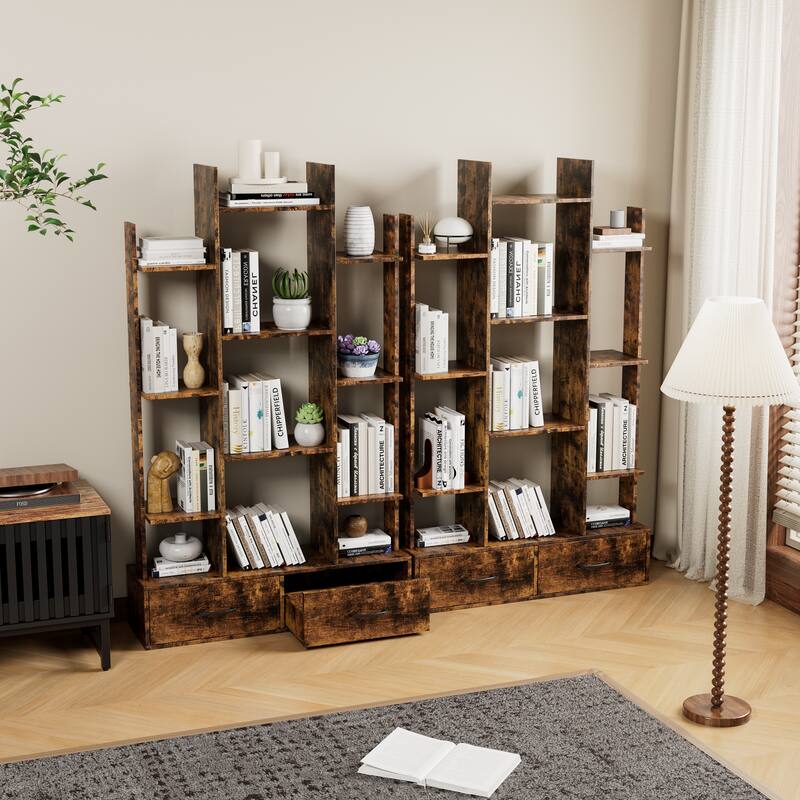 Bookshelf with 2 Drawers, Industrial Freestanding Open Display Shelving, Vintage Open Bookcase - Deep Rustic Brown