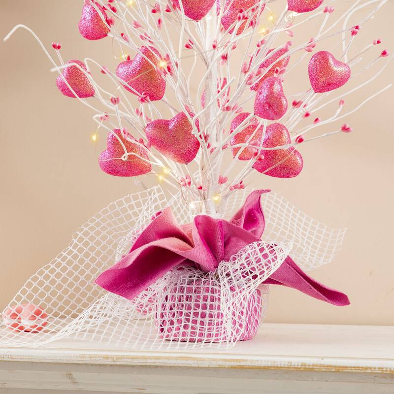 Glitzhome LED Lighted Valentine's Pink Berry Heart Table Tree