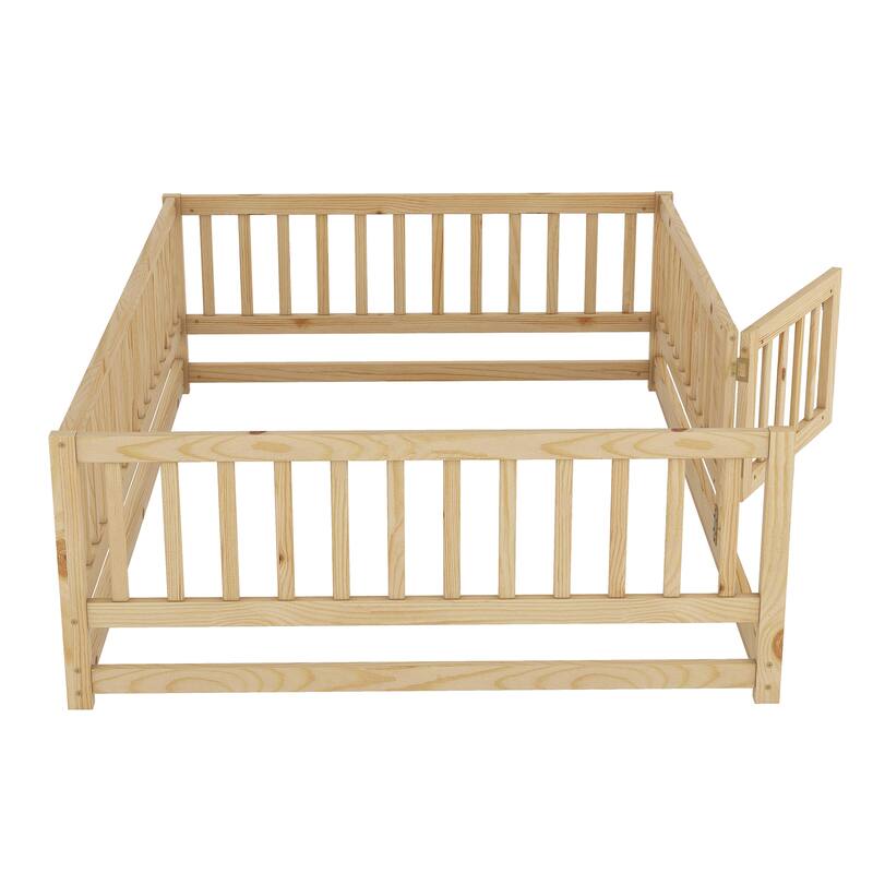 Full Size Montessori Floor Bed with Fence and Door, Kids Wood Bed Frame, Natural Pine Wood Floor Bed