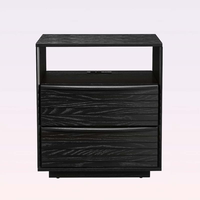 Mid Century Nightstand with Charging Station,Outlet,and 2 Wood Drawers,Louver Design for Living Room,Dorm