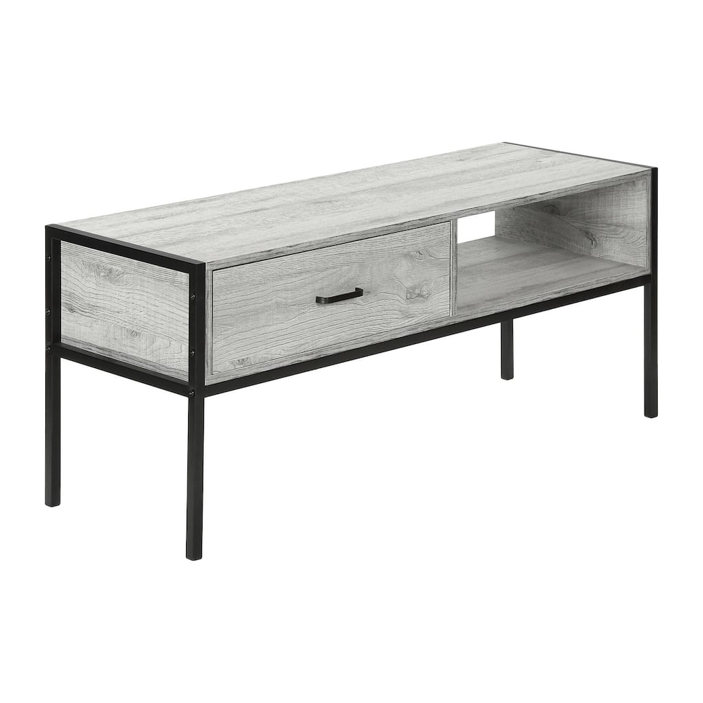 Contemporary 48" TV Stand, Grey Wood-Look Finish with Black Metal Frame, Storage Drawer for Media Devices