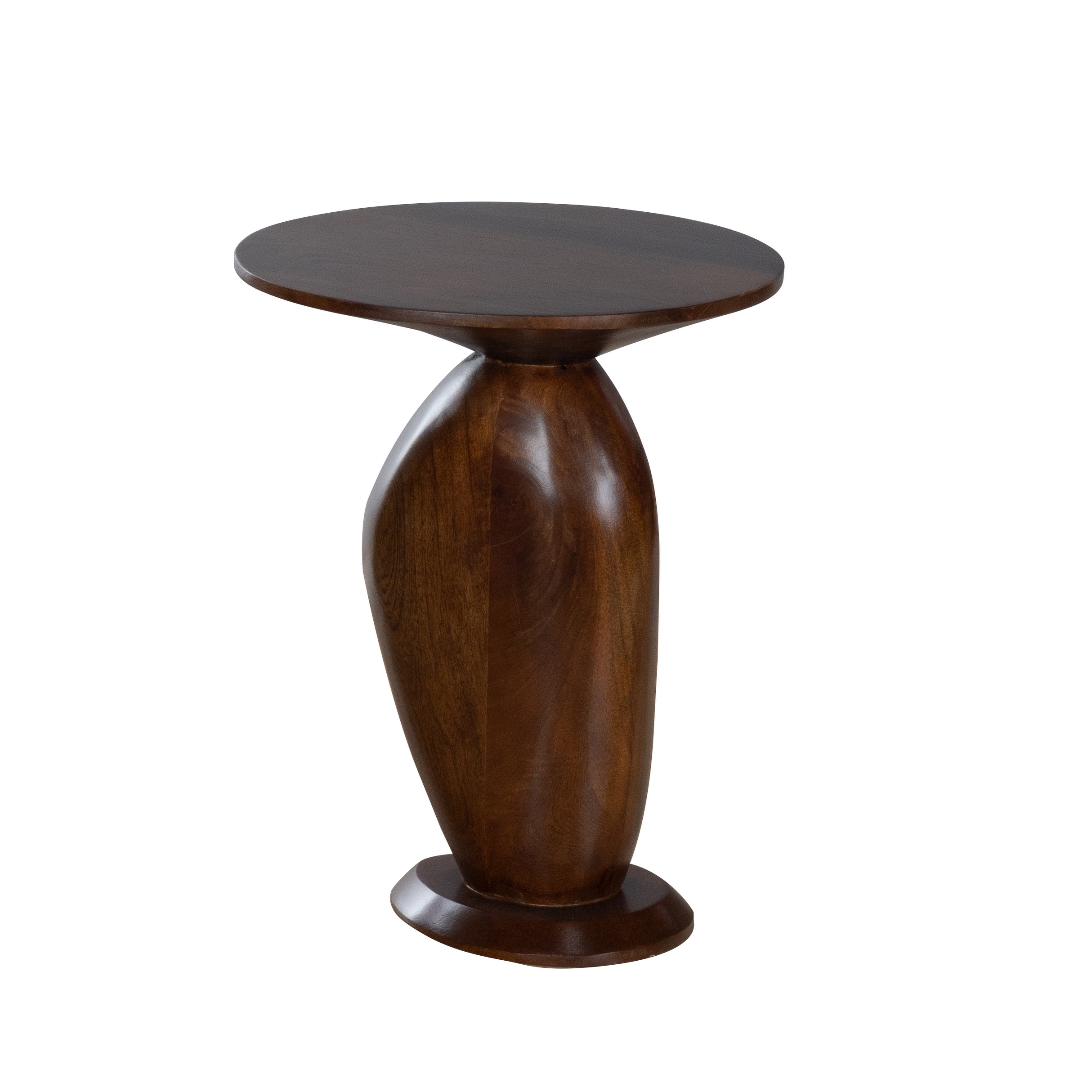Round Mango Wood Side Table - Sculpted Pedestal Base Accent Table in Rich Stained Finish