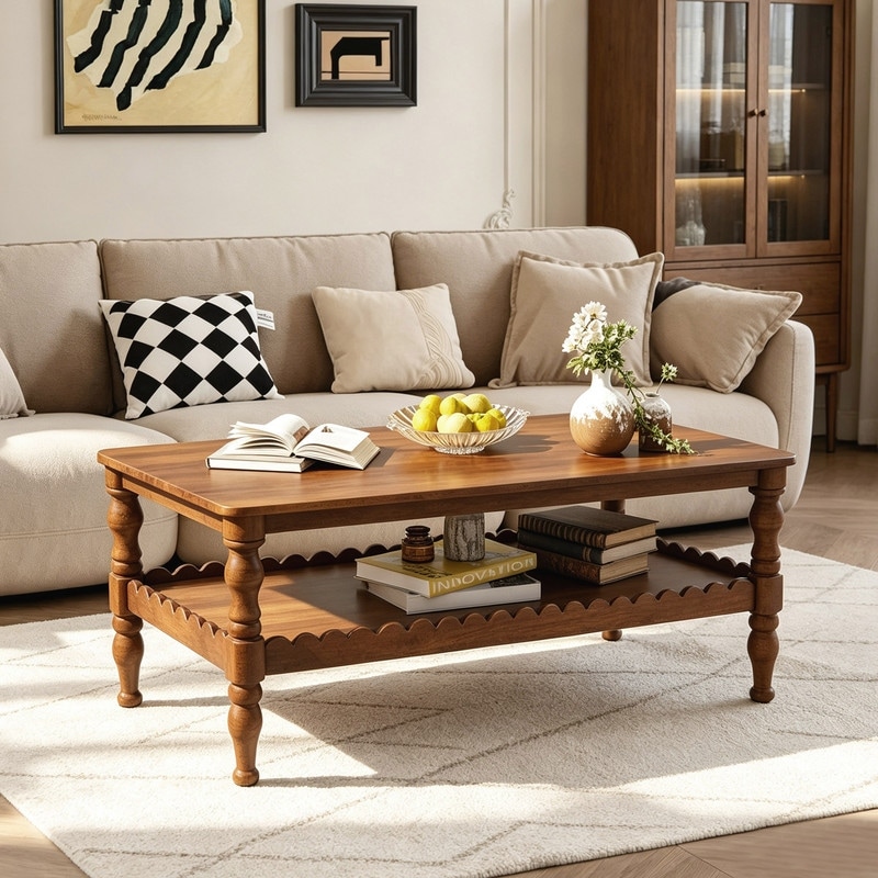 Farmhouse 43.3" Rectangle Coffee Table with Storage Shelf and Solid Wood Legs, Classical Sofa Table for Living Room
