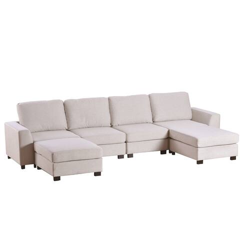3 Pieces U-shaped Sectional Sofa Polyester Upholstered Sofa Chaise with Ottomans