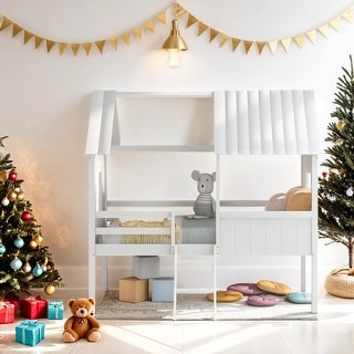 Playhouse Design Twin Size Low Loft Wood House Bed with Two Side Windows,White