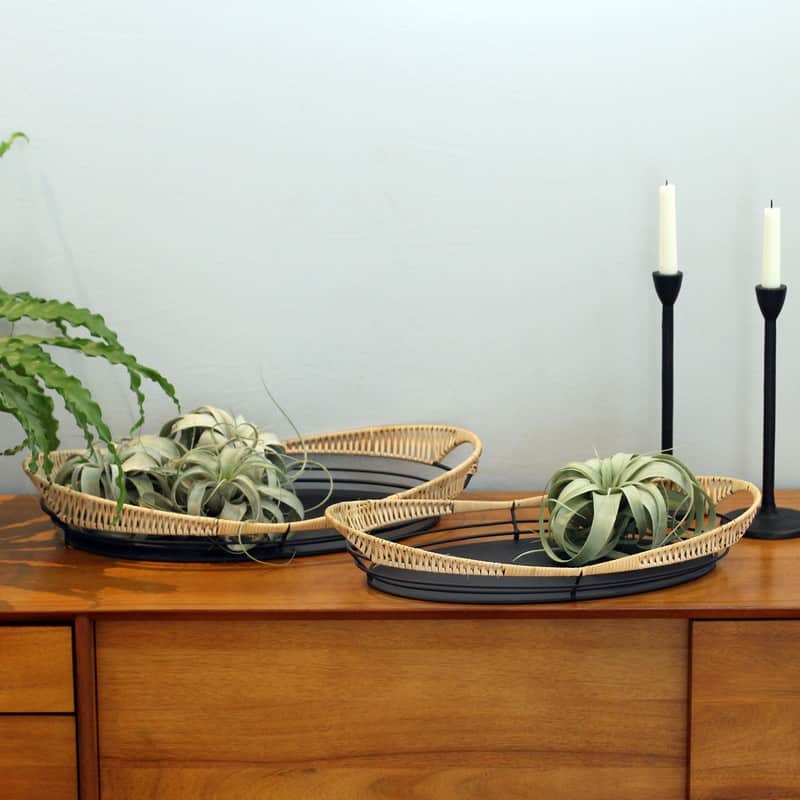 Sienna Metal Boho Rattan Weaved Tabletop Set - 13.5"H x 21.5"W x 3.5"D