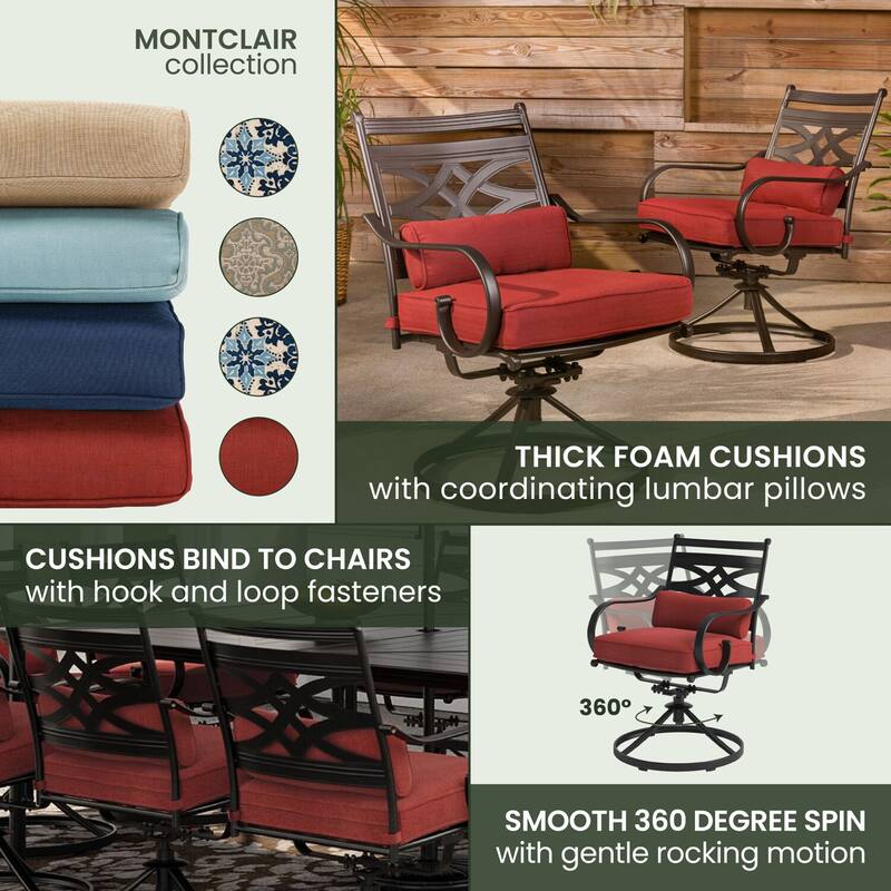 Hanover Montclair 11-Piece Dining Set in Chili Red with 10 Swivel Rockers and a 60-In. x 84-In. Table
