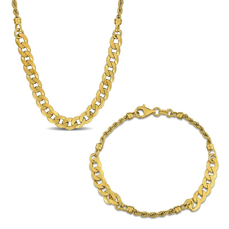 Miadora Sterling Silver Rope and Curb Link Chain Necklace and Bracelet Set - Yellow