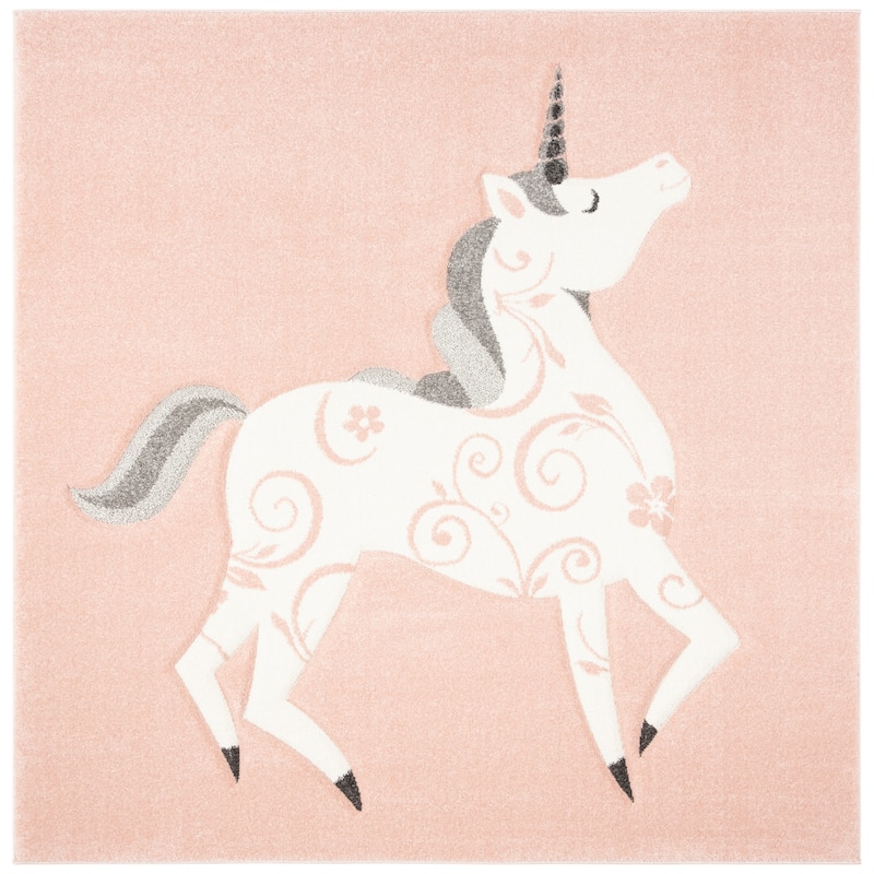 SAFAVIEH, Carousel Kids Mareke Unicorn Rug - 3' Square - Pink/Ivory