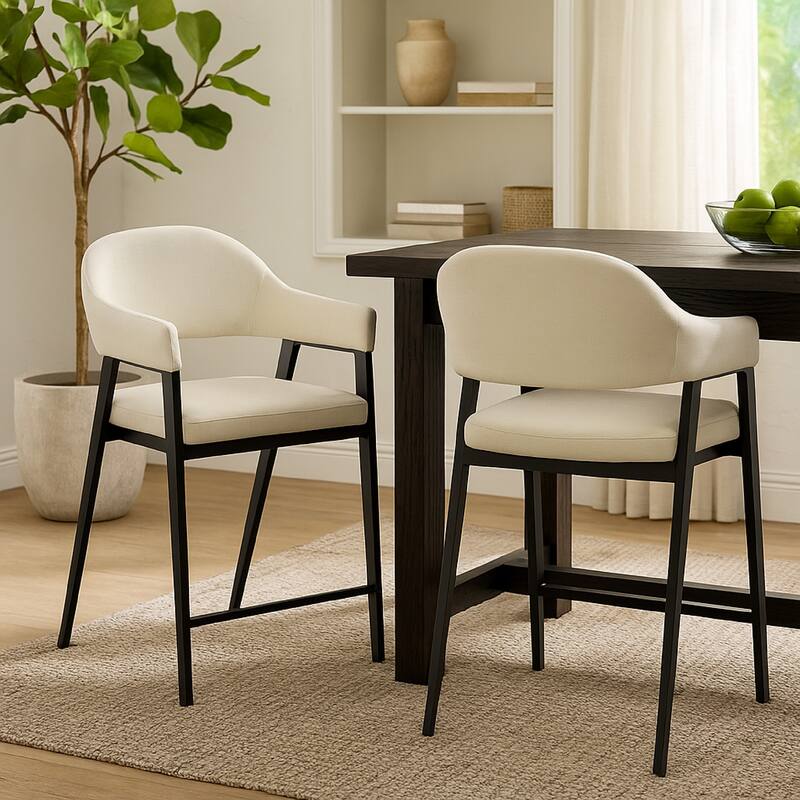 Arie Counter Height Chair Set of 2, Cream White Polyester, Black Legs