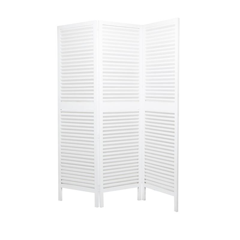 White Wooden Hinged Foldable Partition 3 Panel Partition Room Divider Screen with Horizontal Slats - 60 x 1 x 72