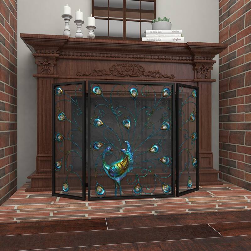 Blue Metal Rainbow 3 Panel Peacock Fireplace Screen with Crystal Accents and Black Frame