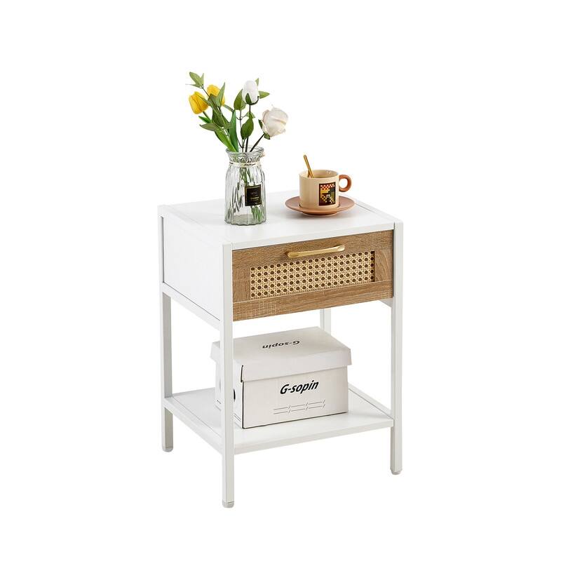 15.74" Modern Rattan End Table with Drawer,Metal Nightstand,Side Table for Living Room, Bedroom