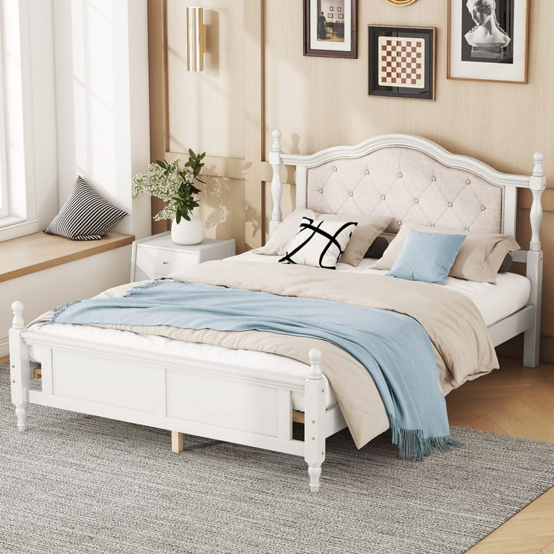 Pine Wooden Platform Bed with Upholstered Headboard and Panel Footboard,Queen Size