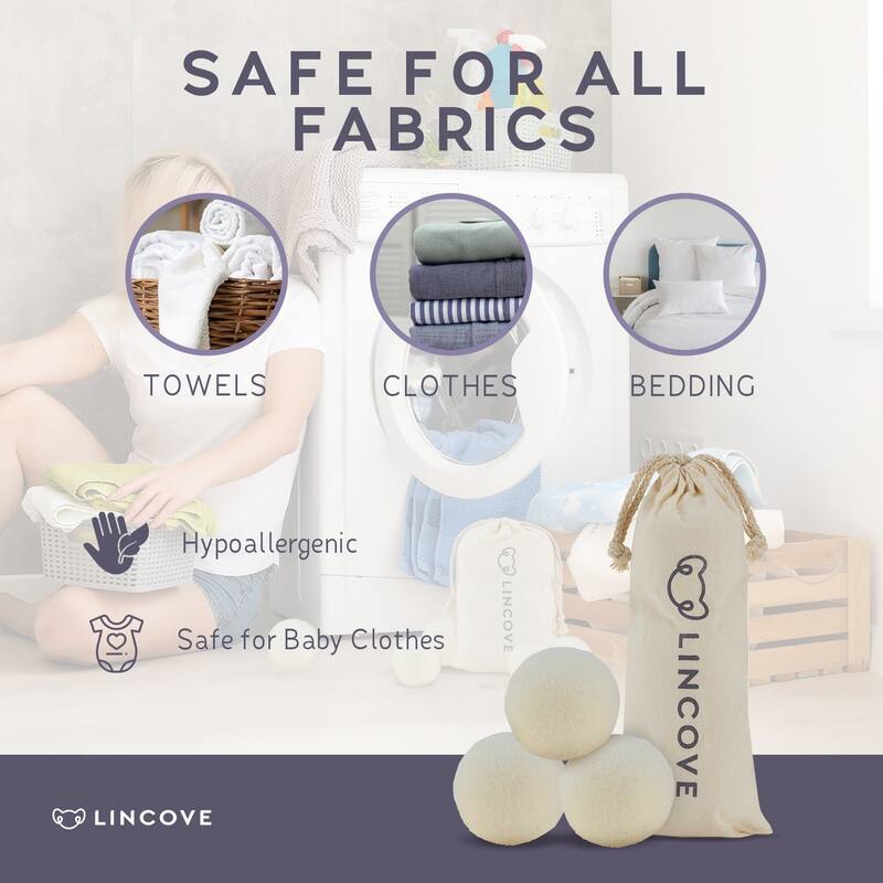 Lincove 100% Organic Wool Dryer Balls - Reusable & Durable, Efficient Drying - 6 Pack
