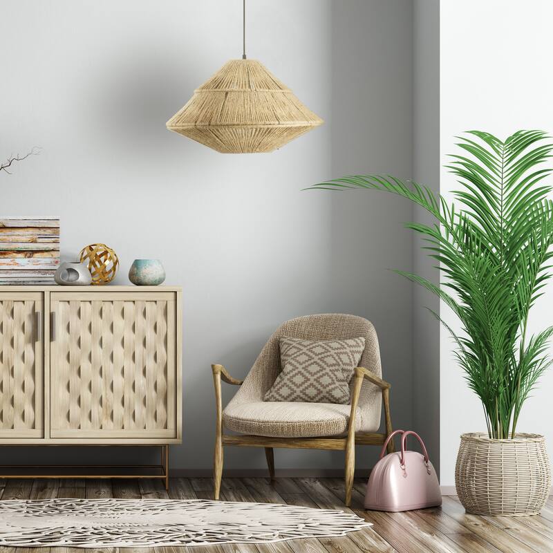 Zoey River of Goods Tan and Black Jute and Metal 22-Inch Pendant Light with Adjustable Hanging Cord - 22"x 22"x 16.75/75.75"