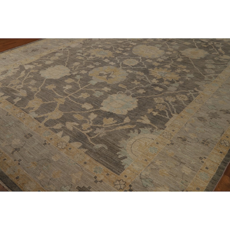 Hand Knotted Oriental 100% Wool Carpet Transitional All-Over Greys & Charcoal Oushak Area Rug - 12' 1'' X 9' 7''